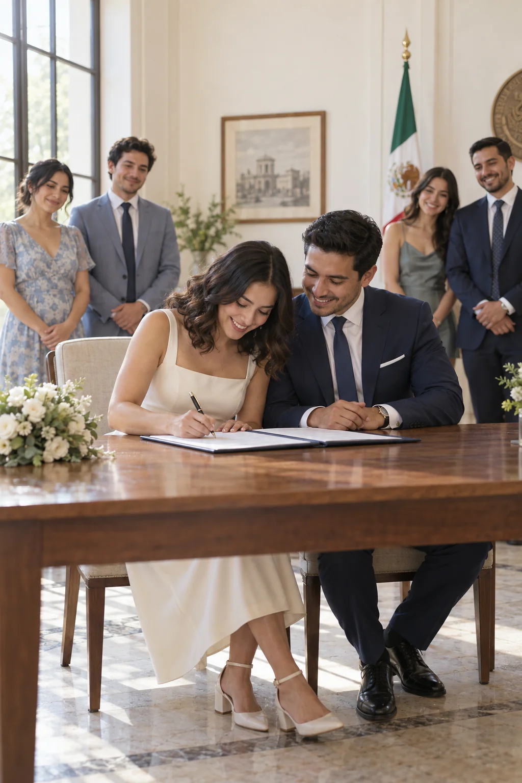 La pareja firma el acta ante sus cuatro testigos