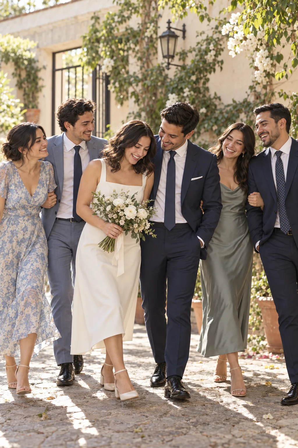 La pareja sonríe con sus cuatro amigos