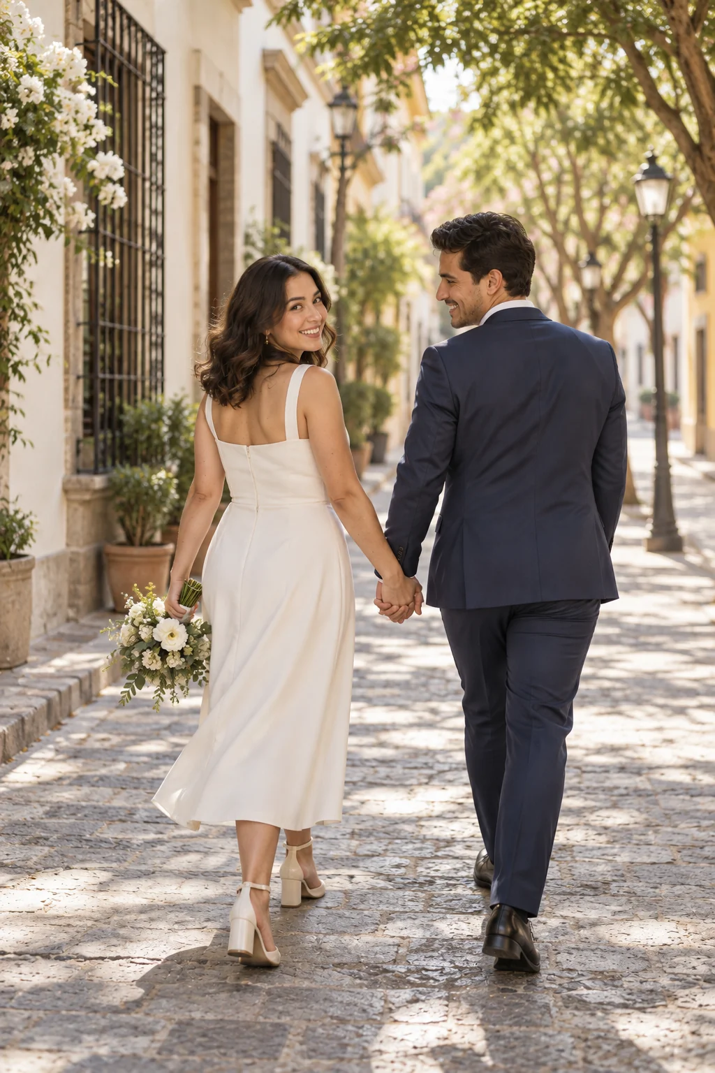 La pareja camina de la mano