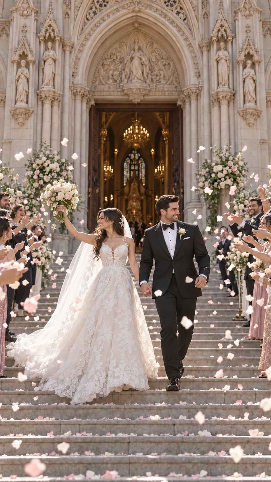 La pareja sale de la ceremonia entre los invitados