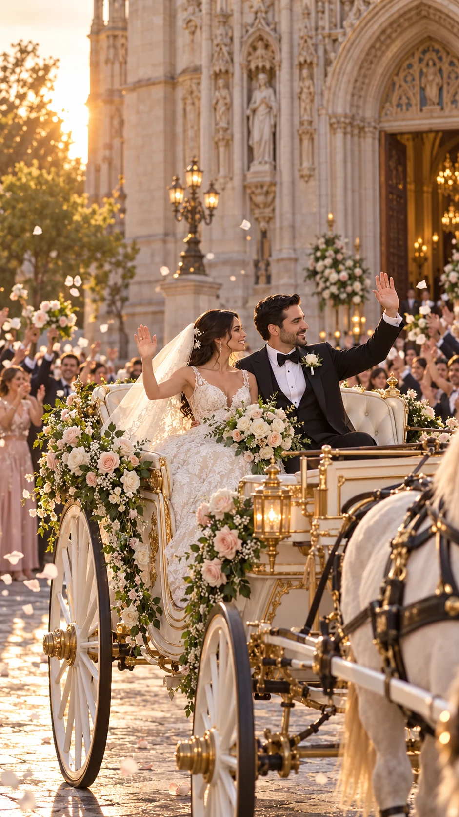 Los recién casados bajan las escalinatas de la catedral