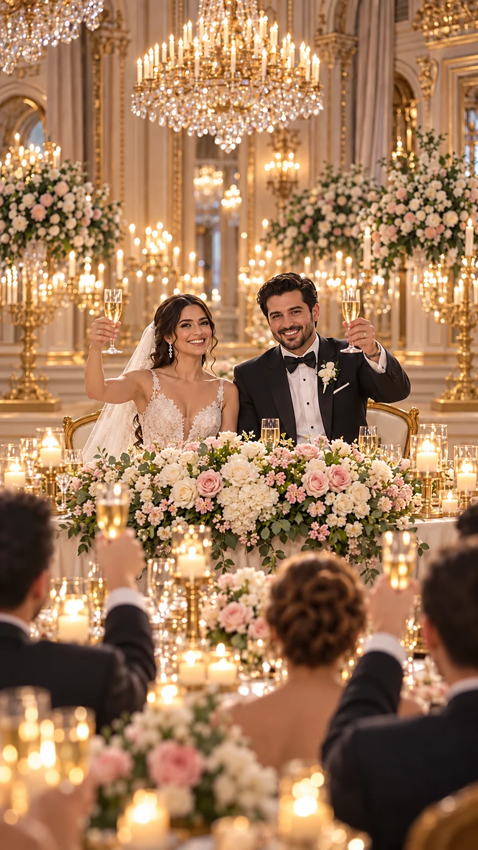 Los novios brindan desde su mesa principal