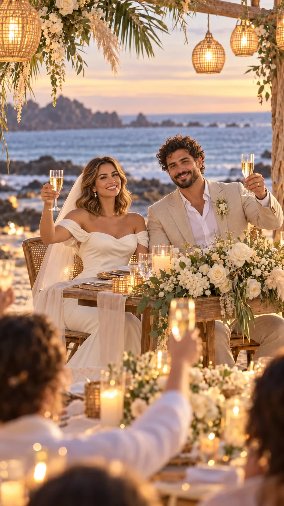 Los novios brindan con sus invitados en la playa