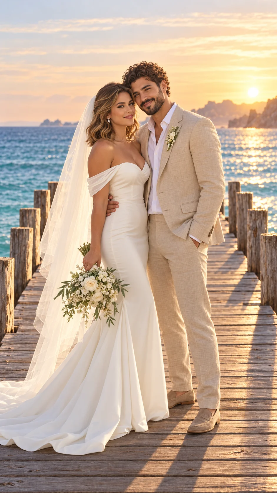 Retrato de los novios juntos en un muelle al atardecer