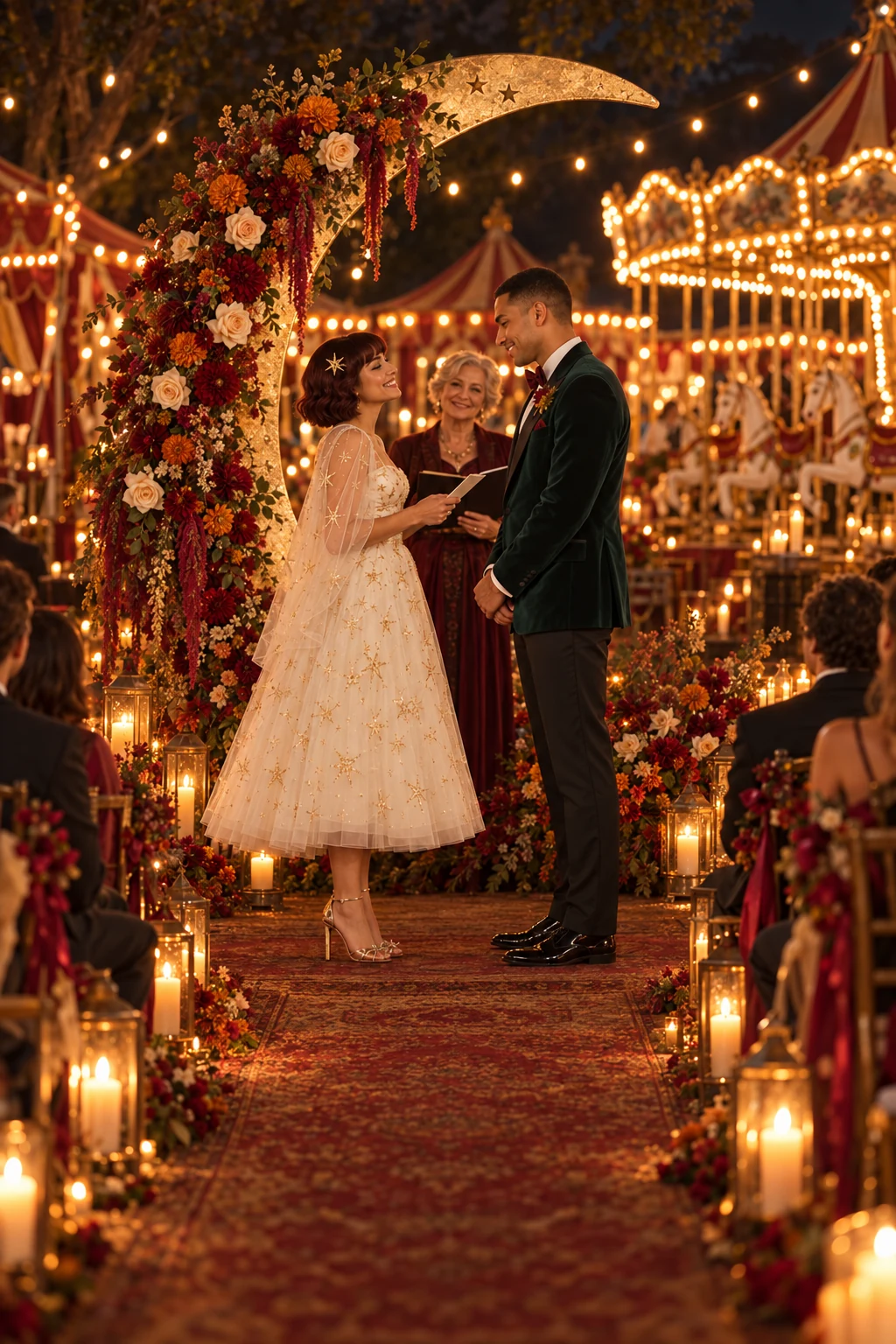 Los novios bailan bajo las luces