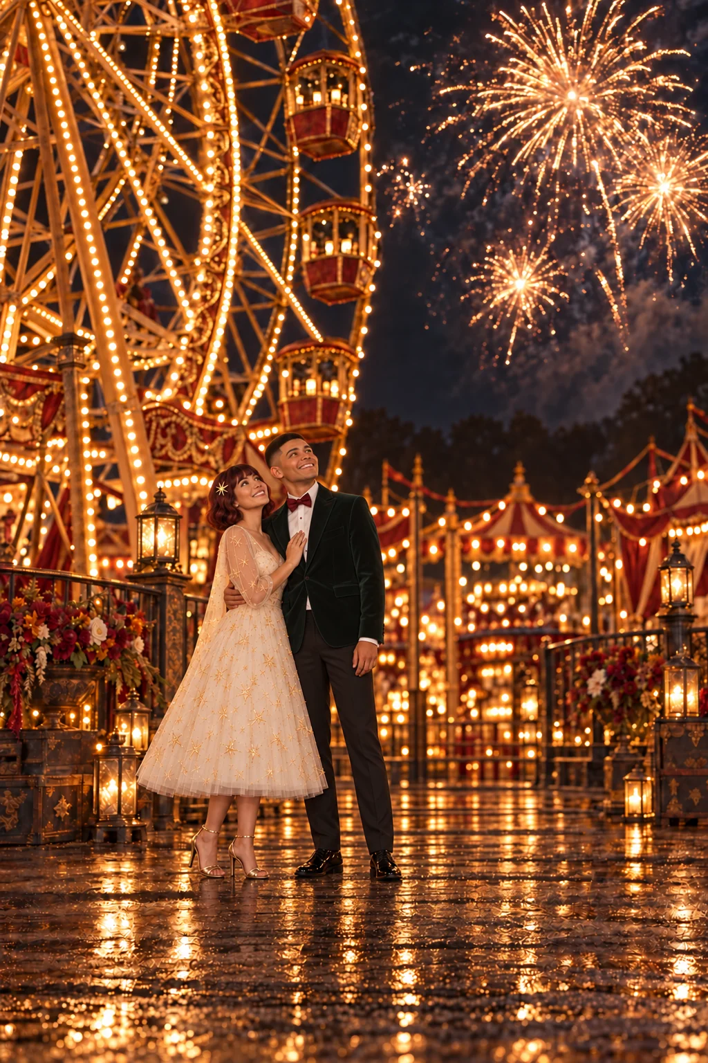 Los novios contemplan los fuegos artificiales