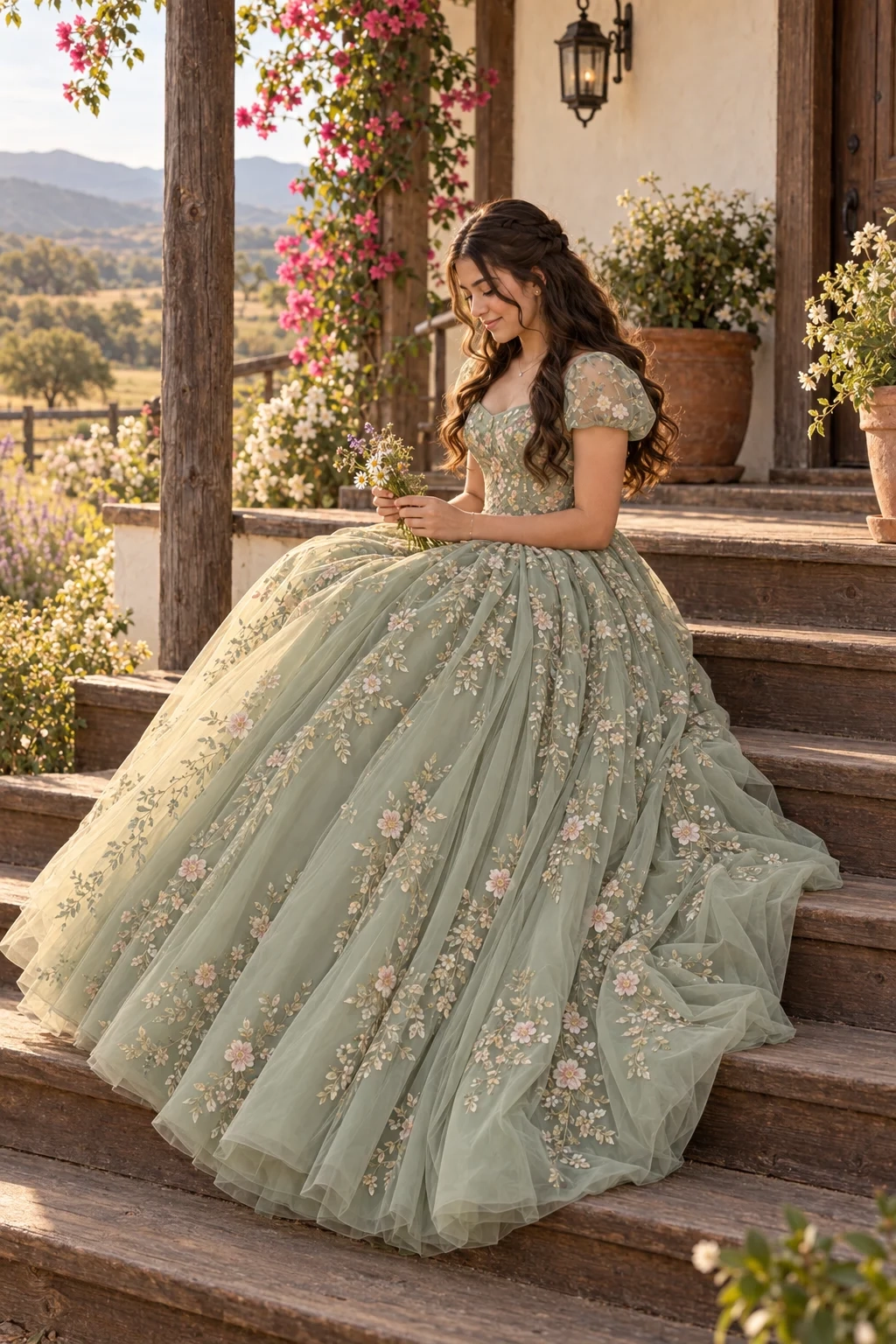 Quinceañera caminando en el campo