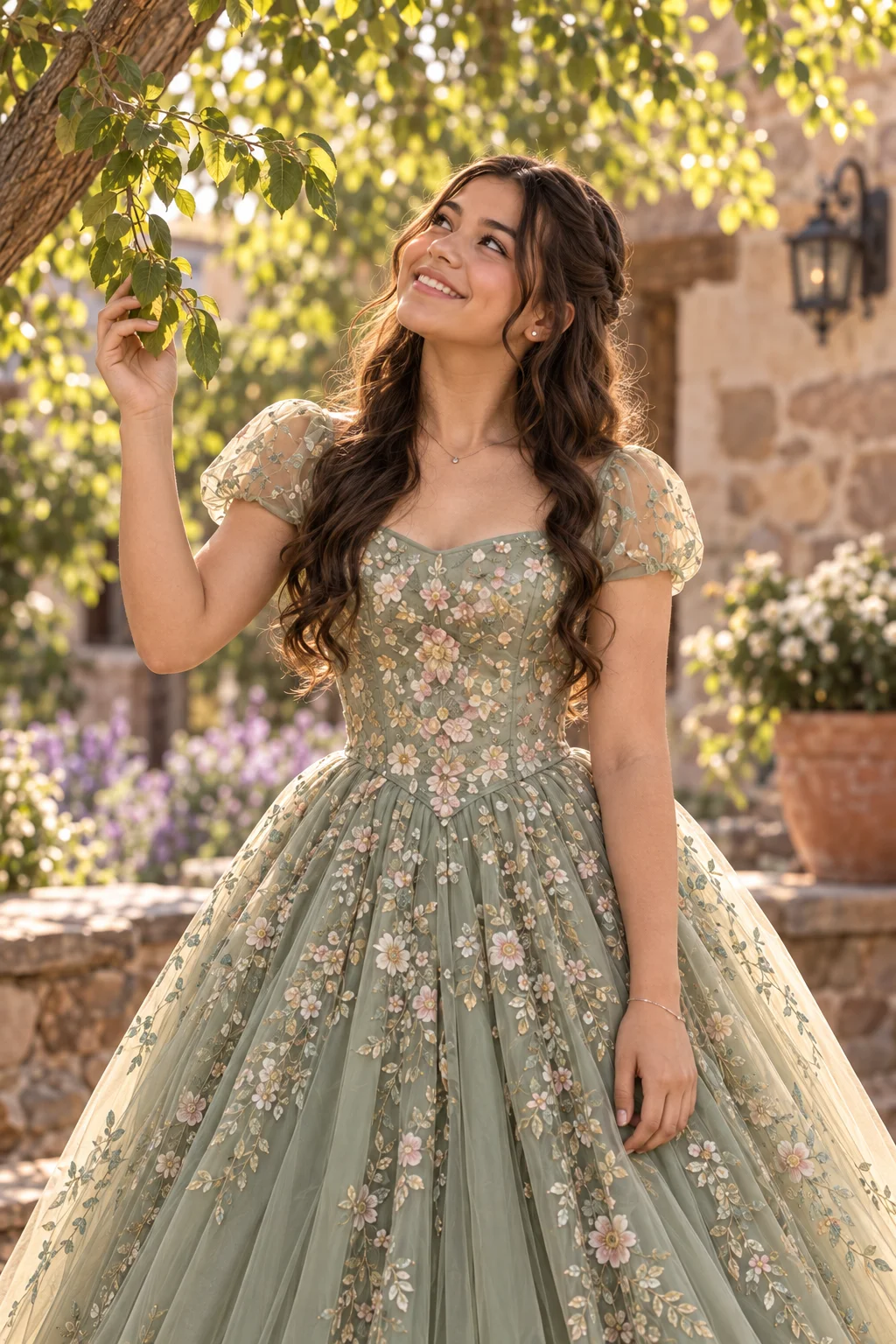 Quinceañera sentada en una terraza campestre