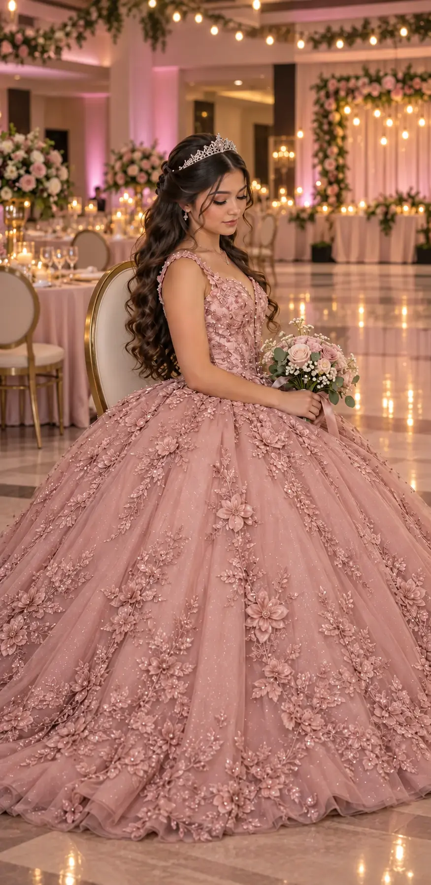 Quinceañera sentada en un salón de eventos