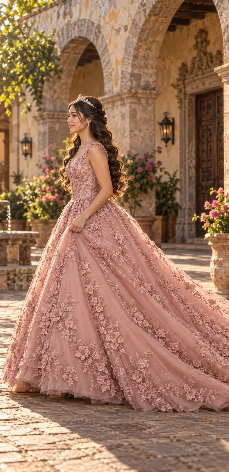 Quinceañera caminando en una hacienda clásica