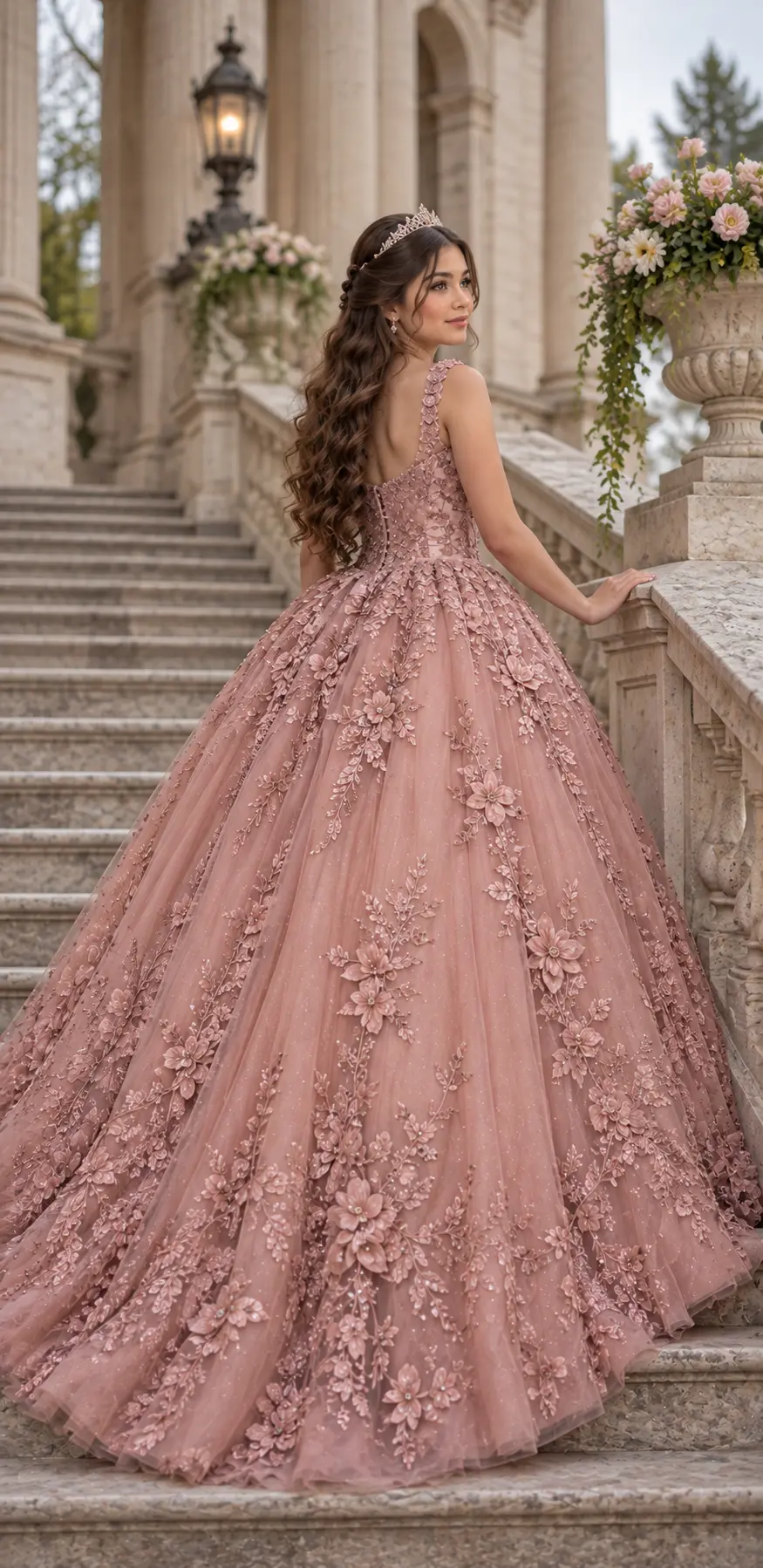 Quinceañera en una escalinata histórica