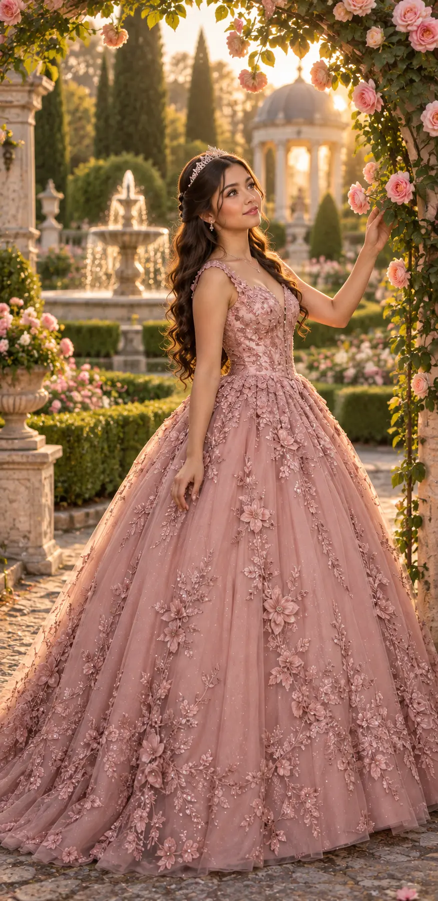 Retrato de la quinceañera en un jardín clásico