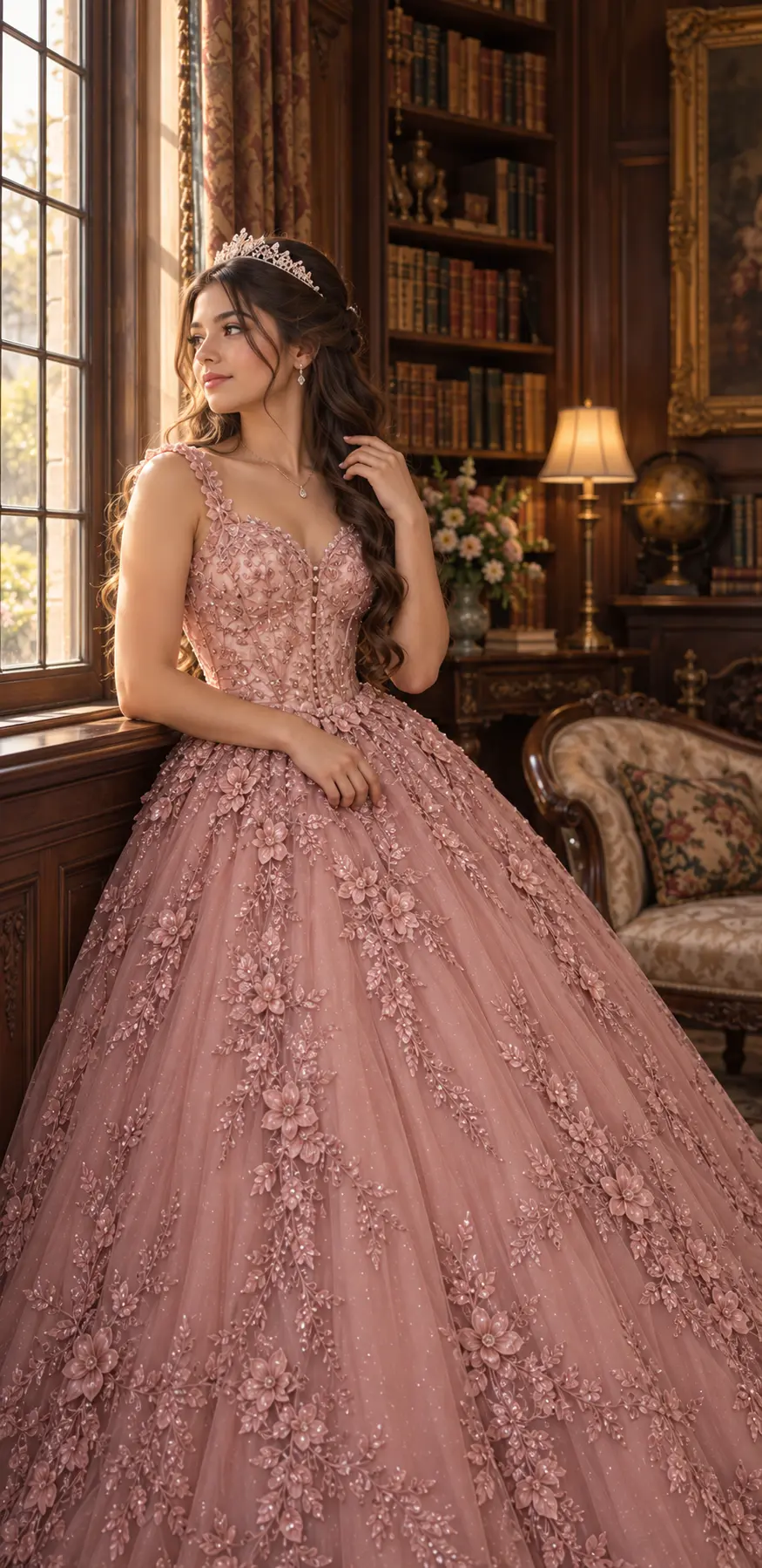 Quinceañera con vestido rosa en una biblioteca clásica